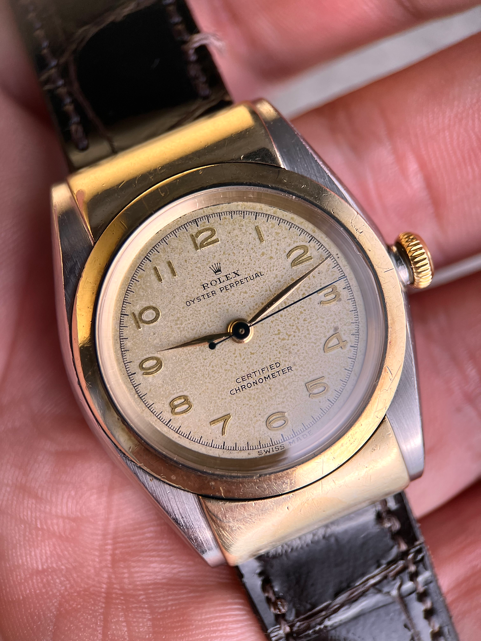 Thumbnail: Rolex Bubbleback Vintage Watch Ref 3065 Caché Hooded Lugs Steel and Gold Case