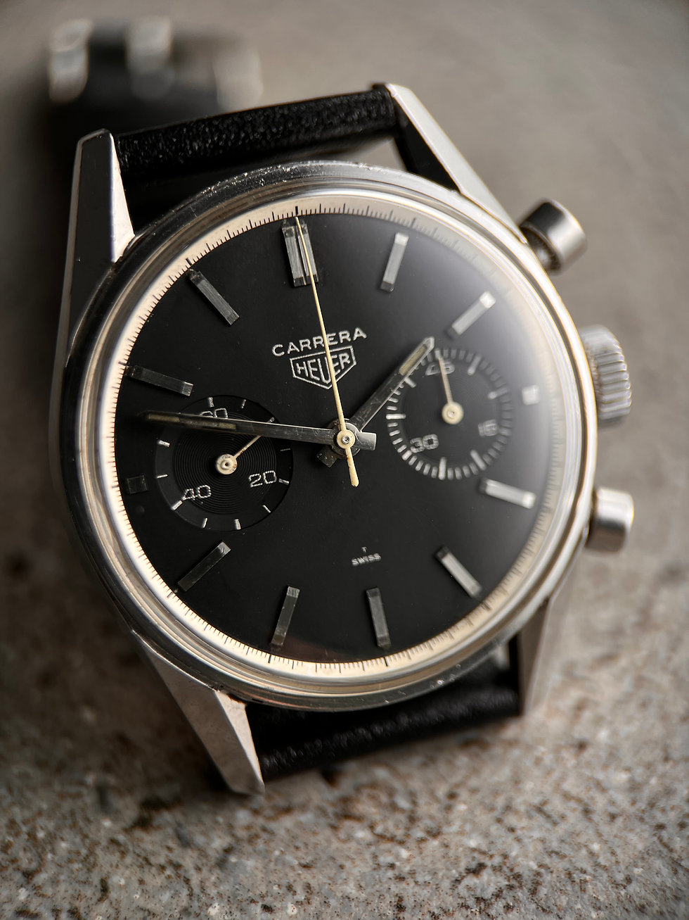 Thumbnail: Heuer Carrera Vintage Chronograph Ref 3647N Black Dial Unpolished Condition