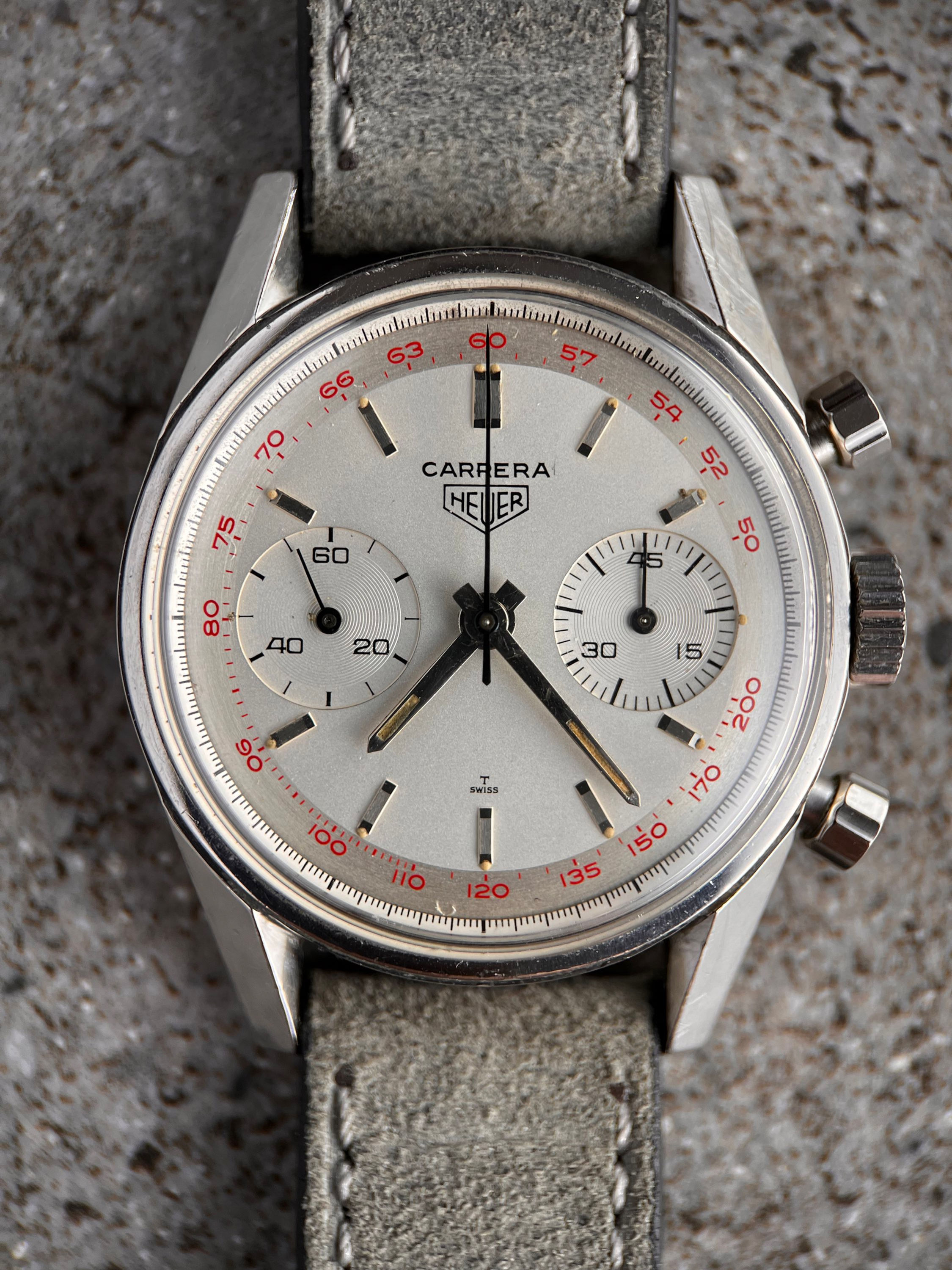 Heuer Carrera Vintage Chronograph Ref 3647t Steel Case Red Tachymetre Mint
