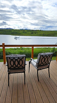 The lake view from the deck of Caribou Lodge is very special. Relax and enjoy the Alaska winderness near Denali.