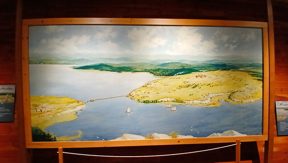 An Ernest Hass painting depicting Mount Independence in 1776 on display at the Mount Independence Historical Site in Orwell, VT.  Photo from Tim Dusablon