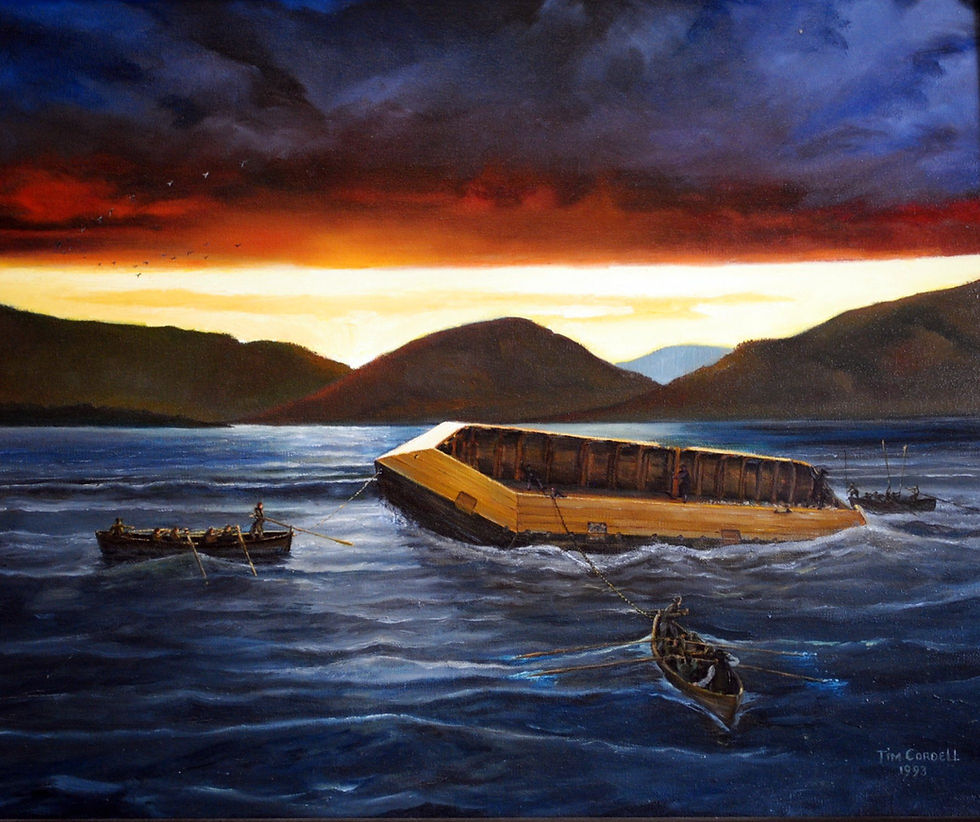 A painting of the sinking of the HMS Land Tortoise by Tim Cordell, which was commissioned by the Lake George Historical Association.  Artwork used with permission.