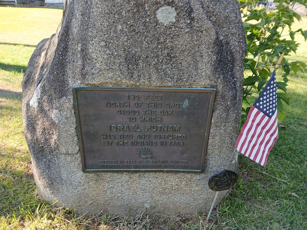 An historical marker near the spot where Israel Putnam was tied to a tree by French-allied First Nations Warriors and made a legendary escape. Marker is near Putt's Creek in Crown Point, NY. Photo from Tim Dusablon.