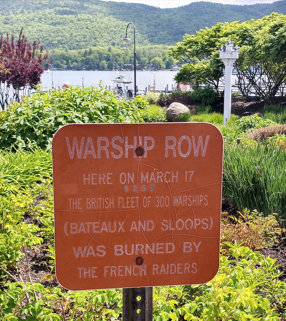 A historical marker at Lake George alluding to Vaudreuil's Wintertime raid. Photo from Tim Dusablon.