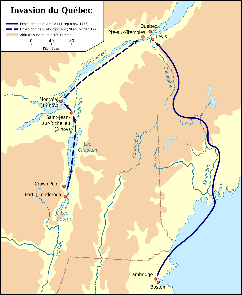 A map or Arnold's journey to Quebec from Wikimedia Commons users Fvasconcellos and Flappiefh. Public Domain
