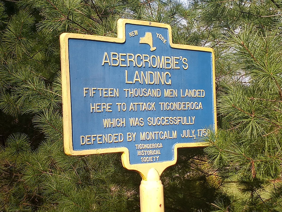 An historical marker at Abercromby's (sometimes spelled Abercrombie) Landing at the northern end of Lake George. This site is still known as Howe's Landing. Photo from Tim Dusablon.