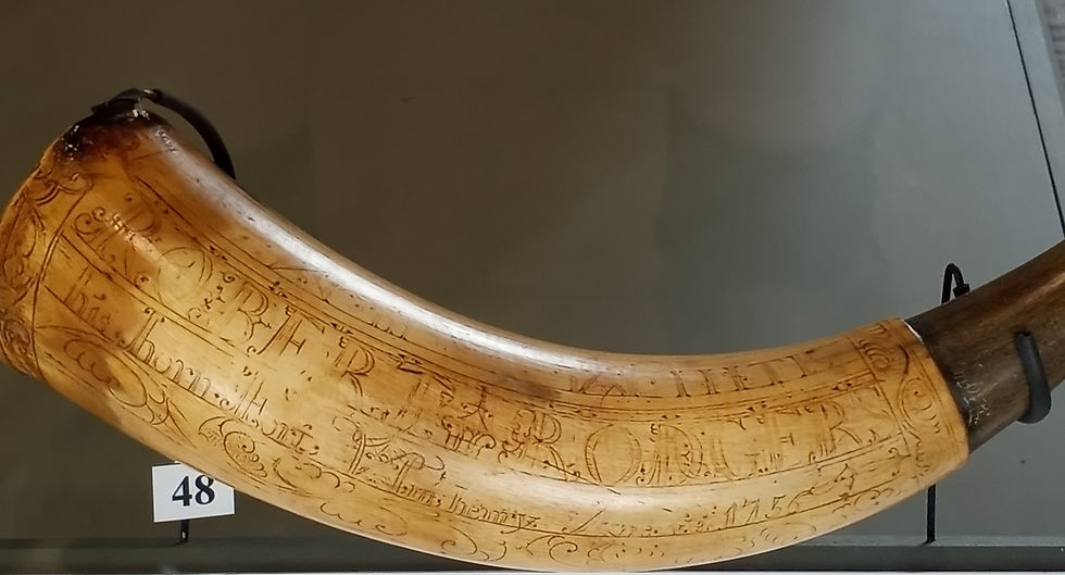 Robert Rogers' powder horn on display at Fort Ticonderoga. Photo from Tim Dusablon.