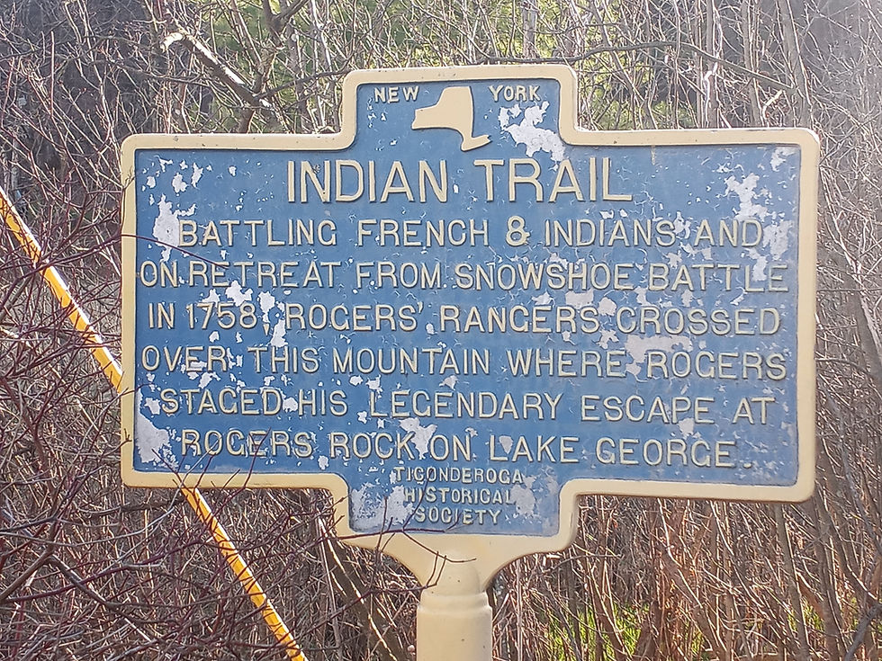 An historical marker indicating the spot where Rogers supposedly fled from the French and Natives after the Second Battle of Snowshoes. Photo from Tim Dusablon.