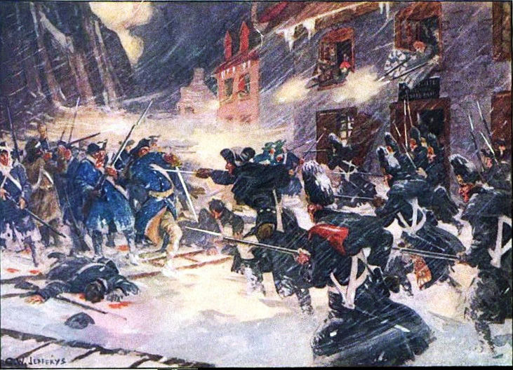 An artistic rendering of Arnold's column being repulsed at the Battle of Quebec on New Year's Eve 1775. Public Domain