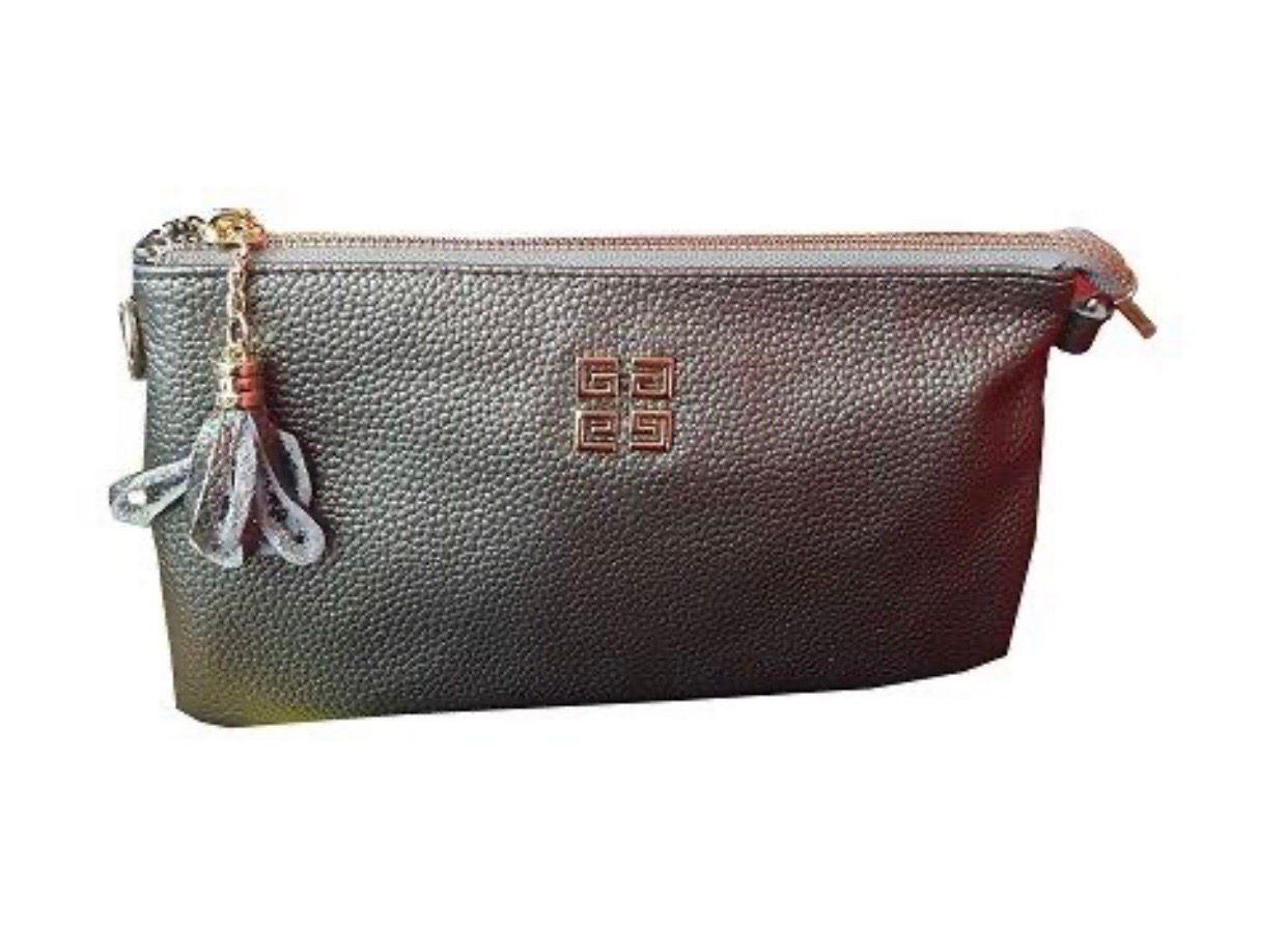 Grey - Lambskin Leather Clutch with strap and Wrislet