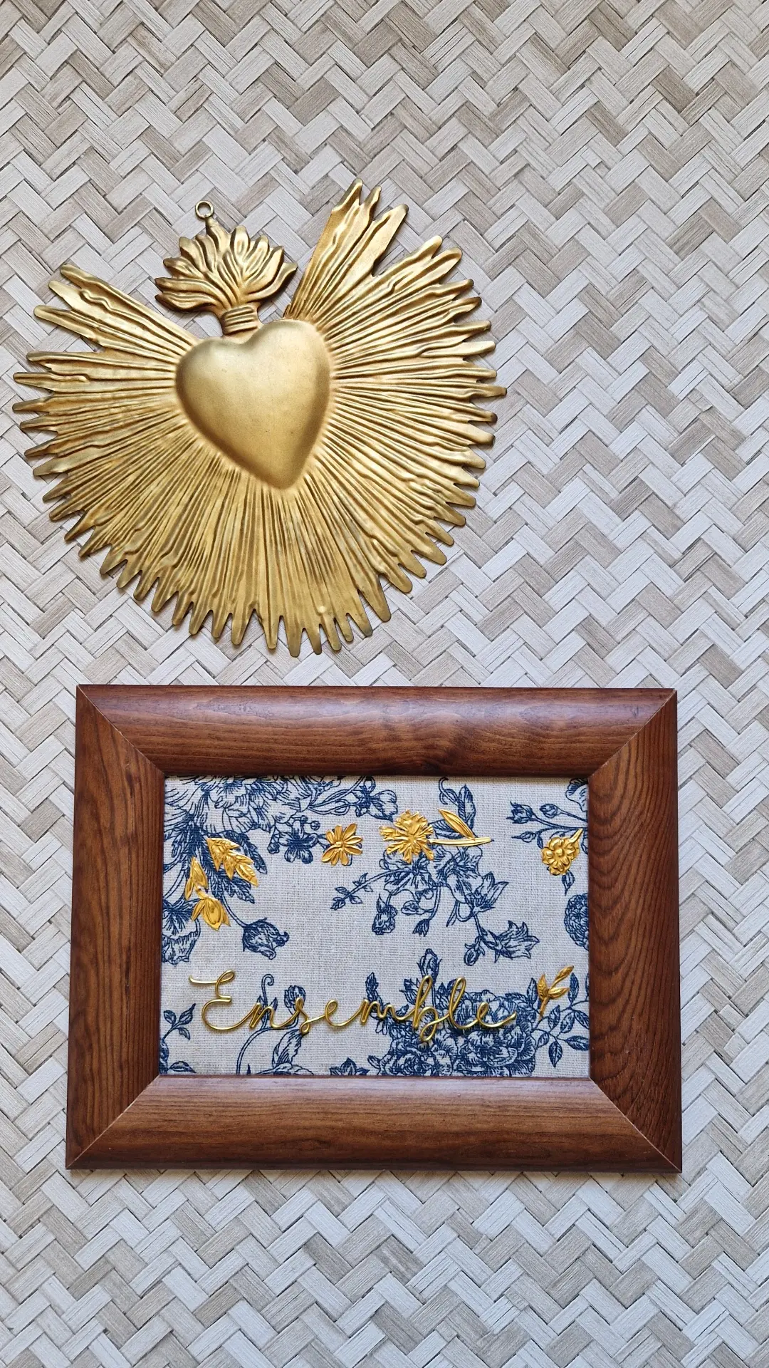 Cadre épais bois acajou "lin bleu fleuri/Ensemble" 26x20cm