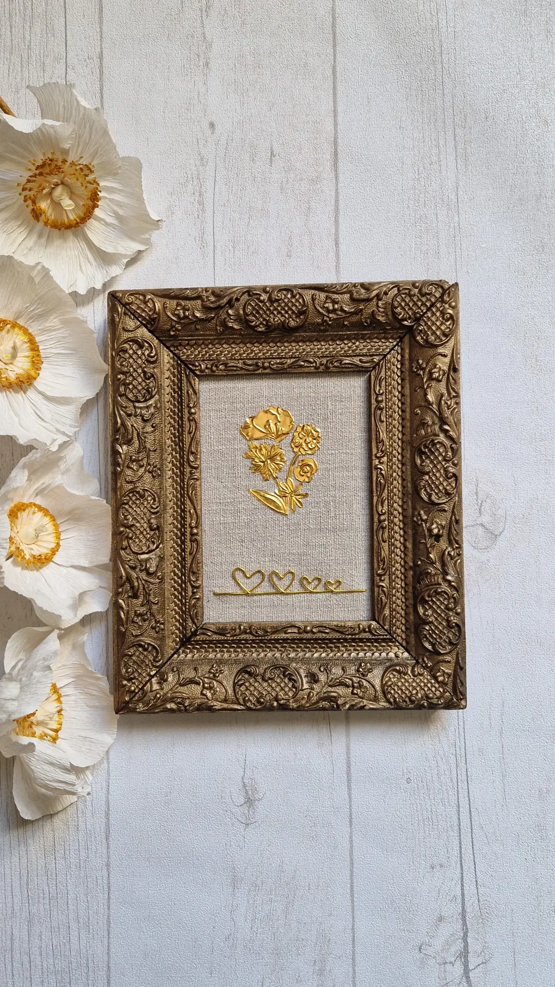 Sublime cadre ancien bronze "famille 4♡/ bouquet" 19x22cm