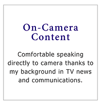 On-Camera Content. Comfortable speaking directly to camera thanks to my background in TV news and communications.