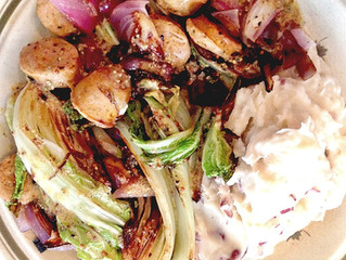 SEARED NAPA CABBAGE WITH SAUSAGE AND A MUSTARD VINAIGRETTE
