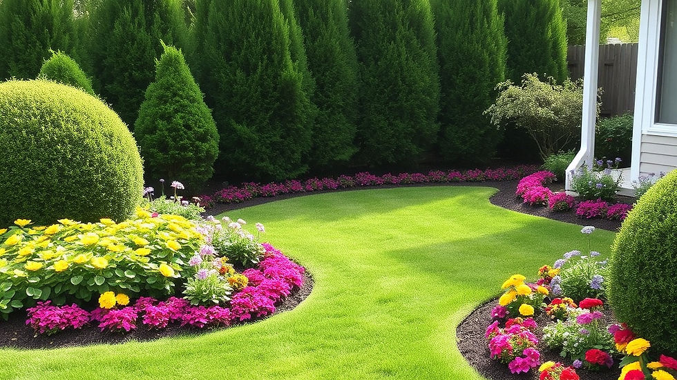 backyard neat shape bushes and grass with colorful flower beds.jpg