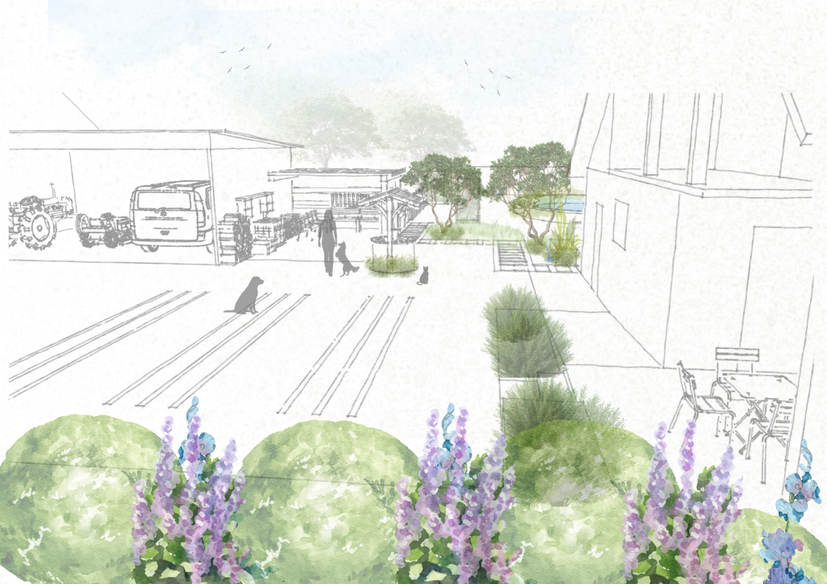 Professional concept sketch of estate entrance courtyard with planting and architectural detailing, designed by Cedar & Form.