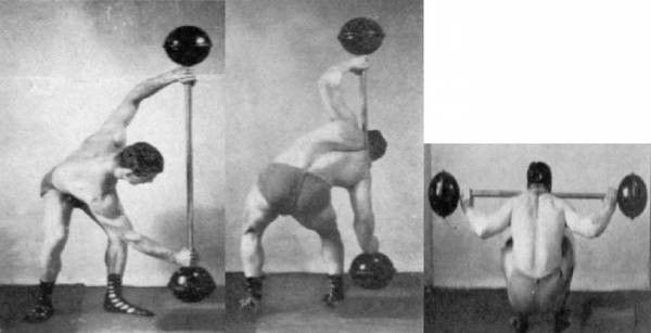 Three frames of a figure twisting their body sideways to press their shoulders against a old-style barbell, then squatting