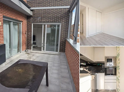 Terraza, dormitorio principal y cocina vacíos de ático en Madrid, estado previo a intervención de Home Staging