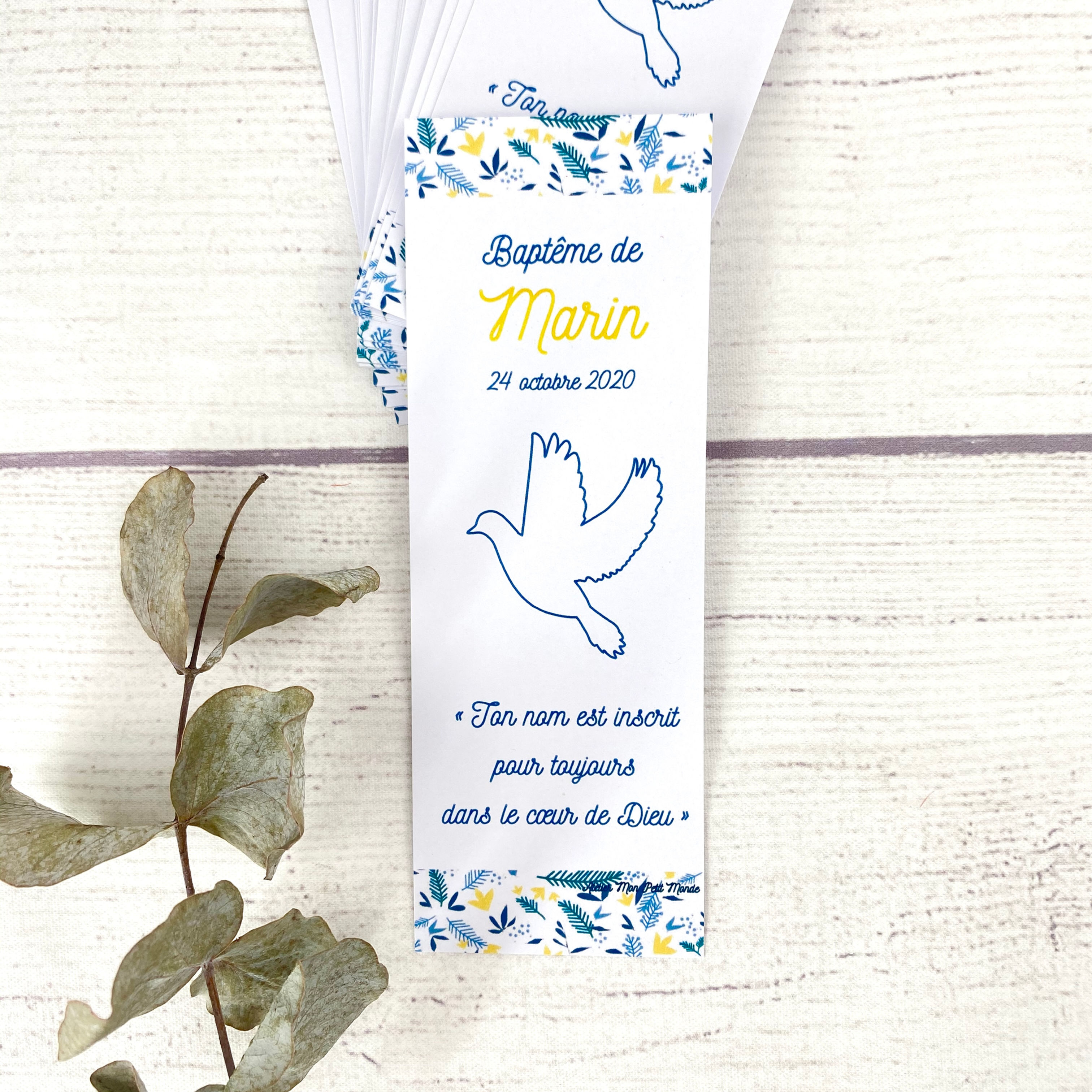 Signets religieux Palmes Vert bleu jaune, marque-pages cadeau invités