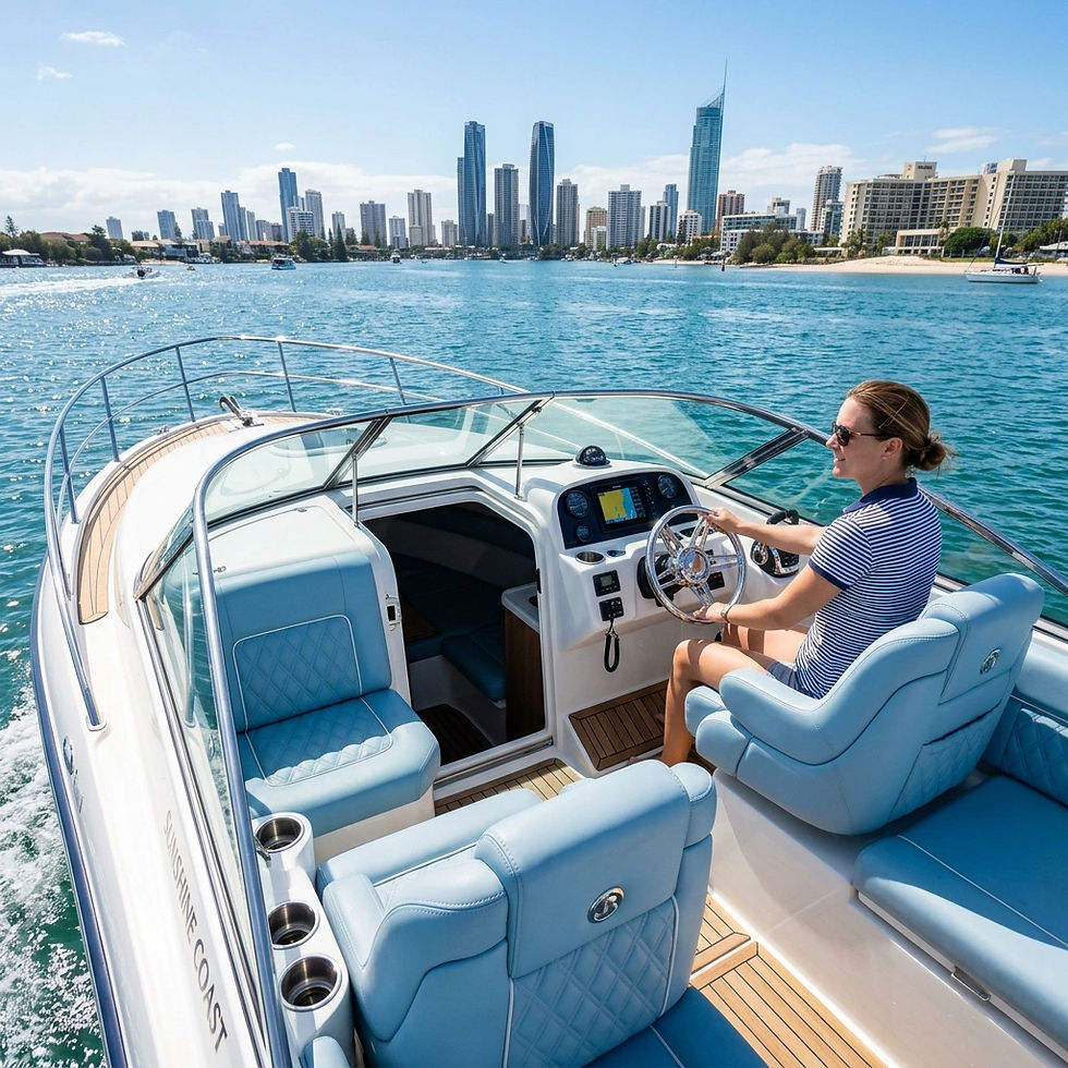white open deck cruiser marine craft with leather seats and silver wheel etc lighter blue