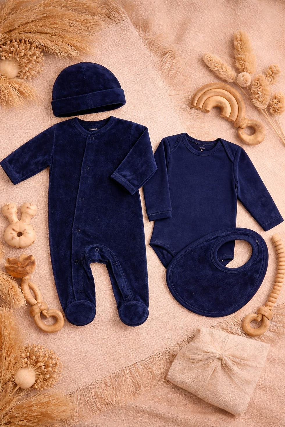 Miniature : 🤍 Ensemble naissance velours 5 pièces personnalisable –Le premier cocon de bébé