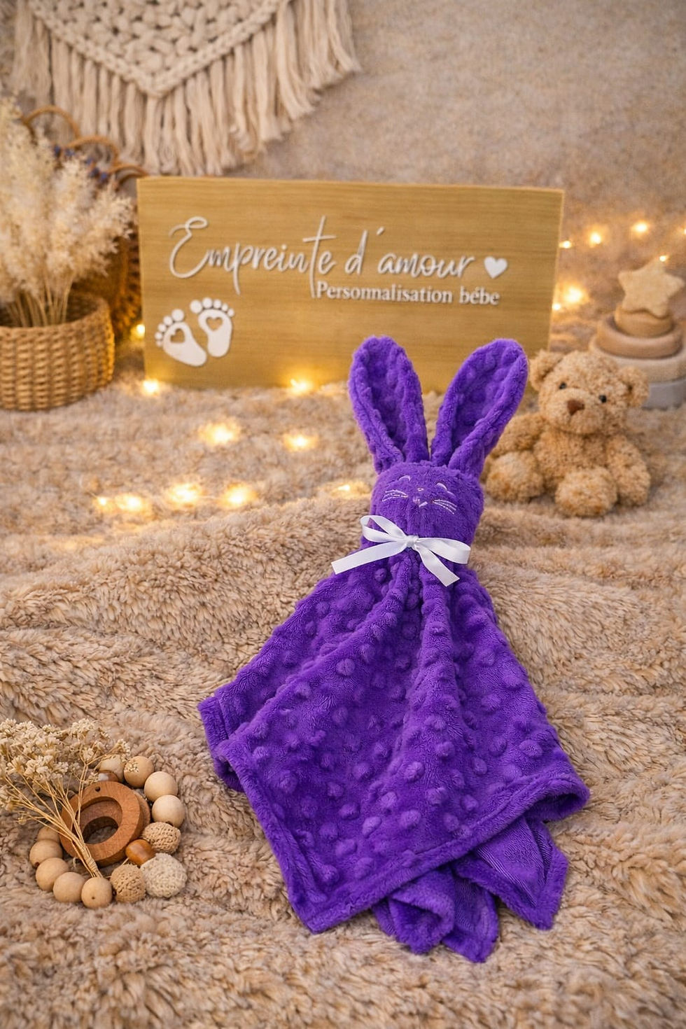 Miniature : Doudou lapin personnalisé avec prénom, ultra doux pour bébé. Cadeau de naissance