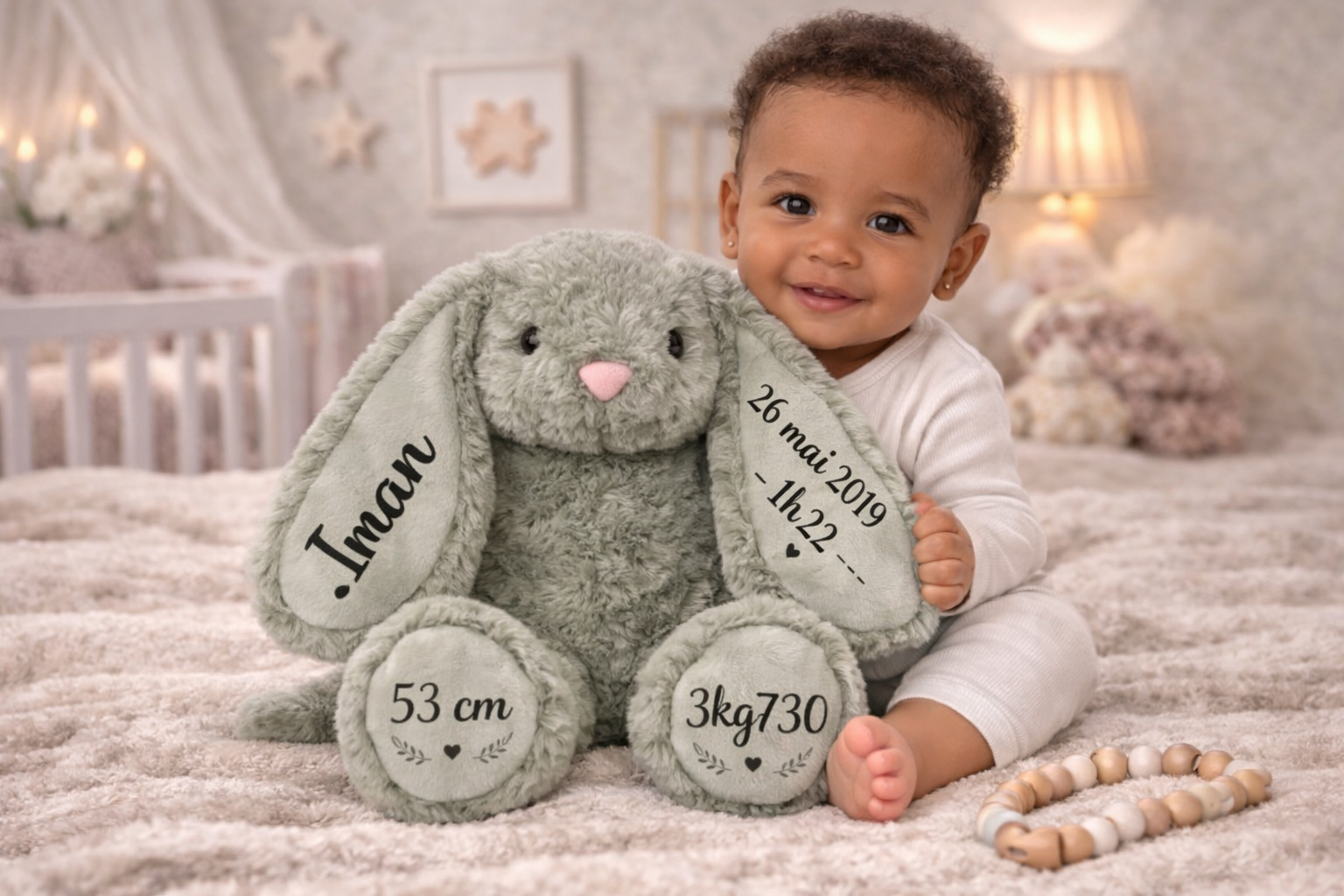 Lapin personnalisé naissance bébé – Doudou avec prénom, date, taille et poids