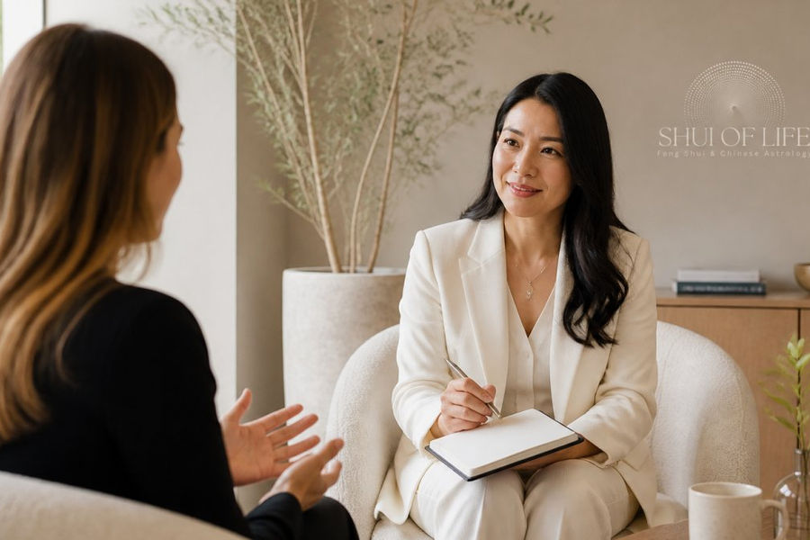 Professional woman in business attire sitting in calm, naturally-lit space across from a coach, having an engaged one-on-one conversation with open body language and relaxed energy