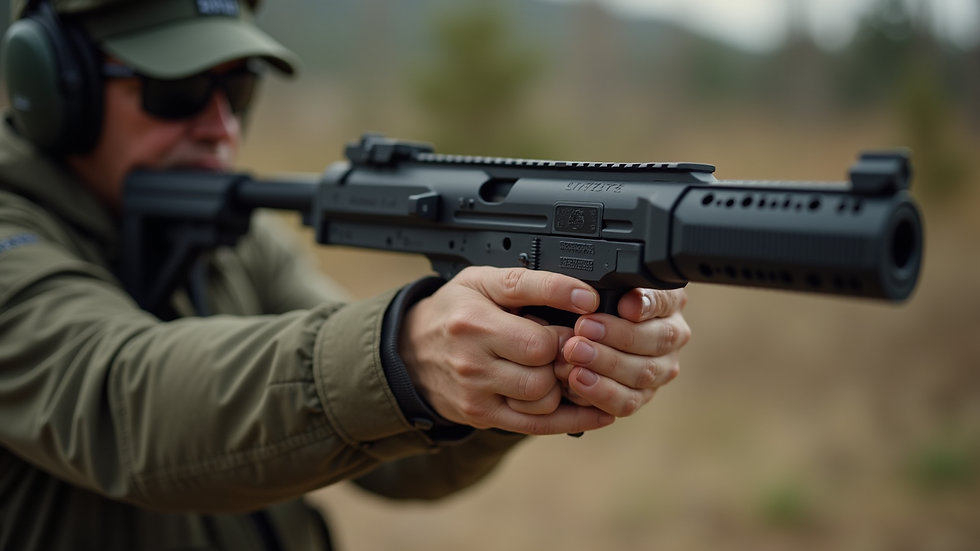 Close-up view of a firearm instructor demonstrating proper grip to a student