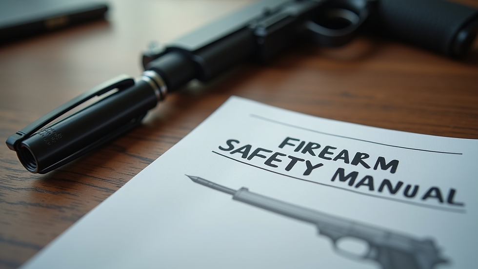 Close-up view of a firearm safety manual and a pen on a table