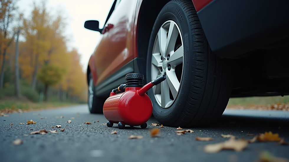Eye-level view of a car tire being inflated with a portable compressor