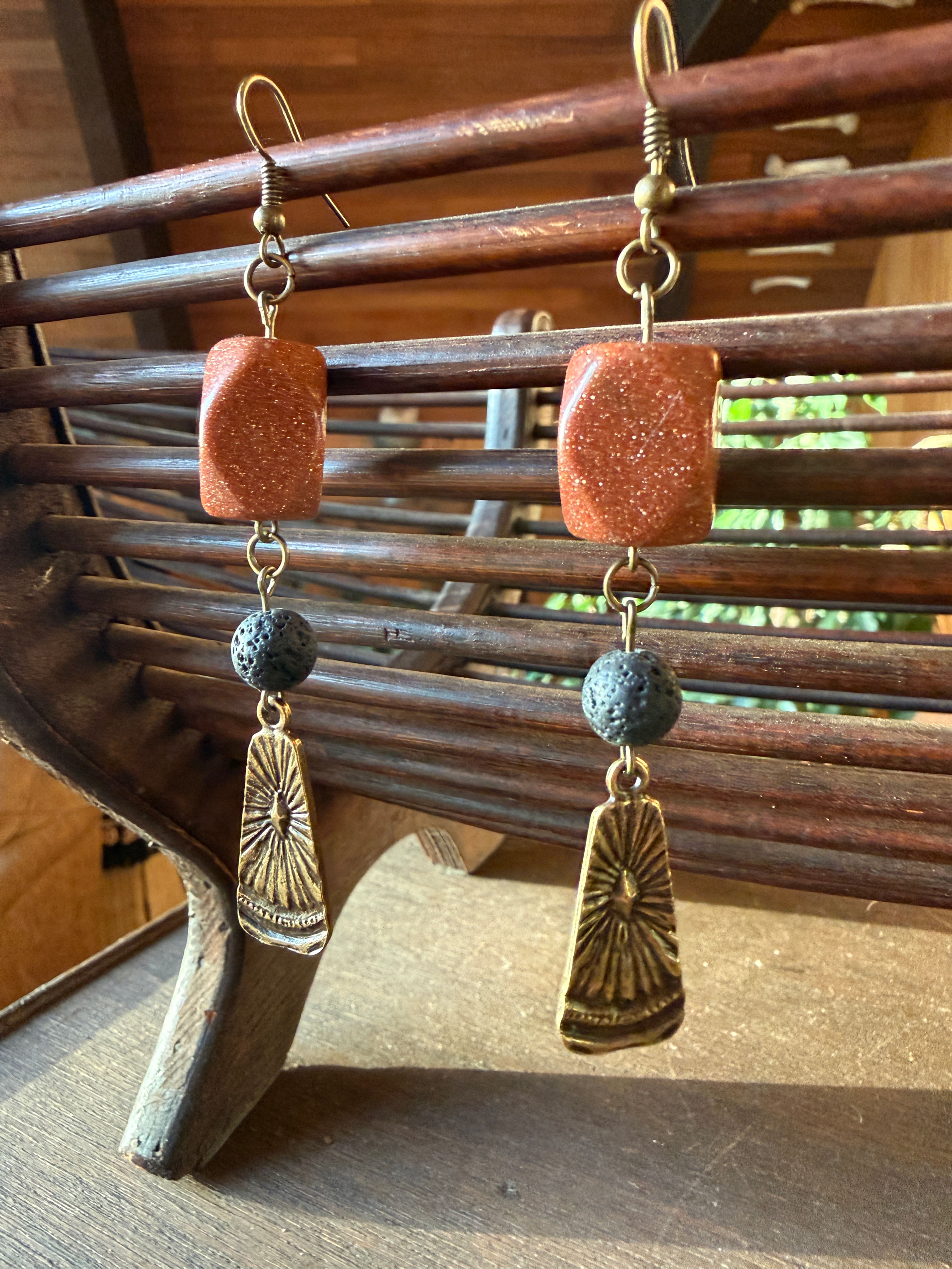 Goldstone & Lava Stone Earrings ~Locally Crafted