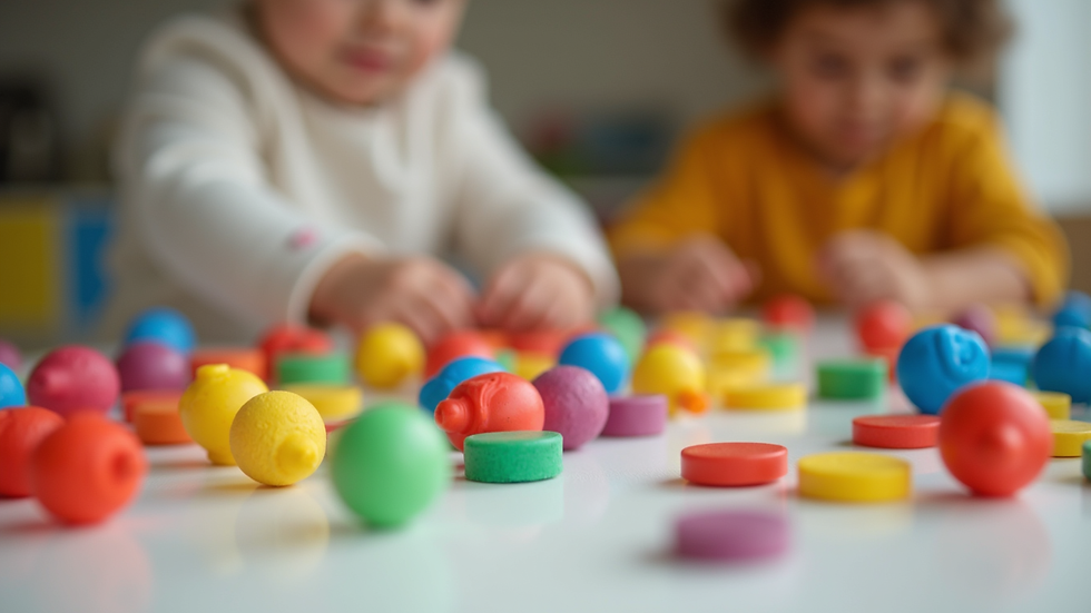 Close-up view of colorful sensory play materials on a table