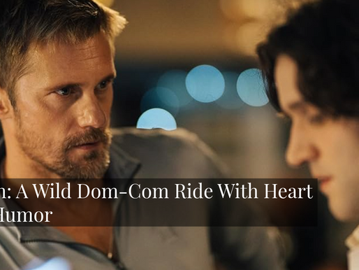 A close-up still from Pillion showing Alexander Skarsgård intensely looking at Harry Melling, who looks downward in a moment of quiet vulnerability. The background is softly blurred with warm city lights, emphasizing intimacy and tension between the two characters. Overlaid text reads: “Pillion: A Wild Dom-Com Ride With Heart And Humor,” with the Scene This logo in the top-left corner.