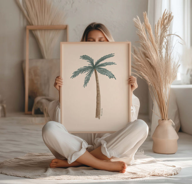 Minimalist palm tree watercolour art with peach background by artist This Wild Soul