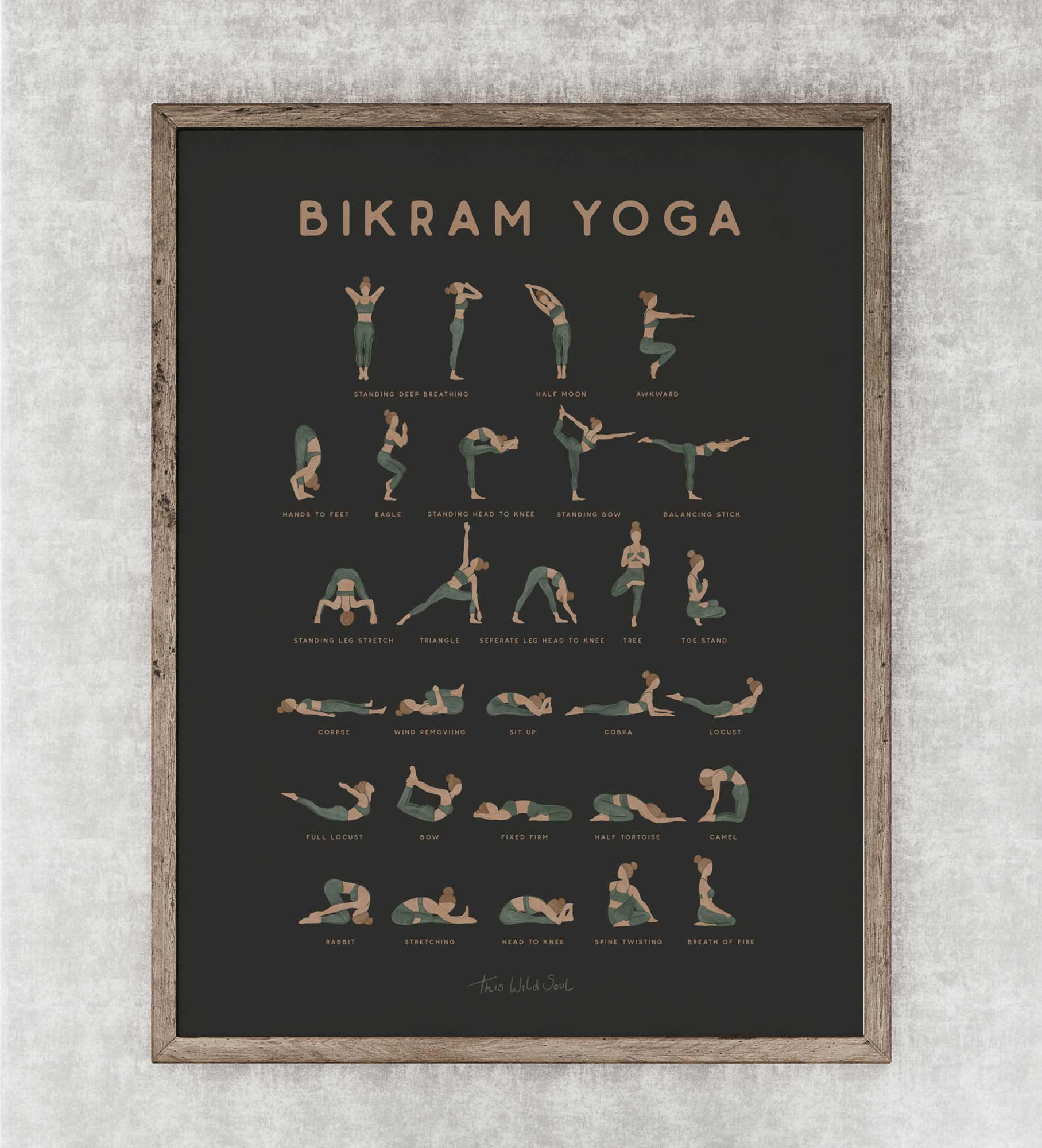 Bikram Hot Yoga Poses with English Names Poster - Art Print in neutral natural toned colours
