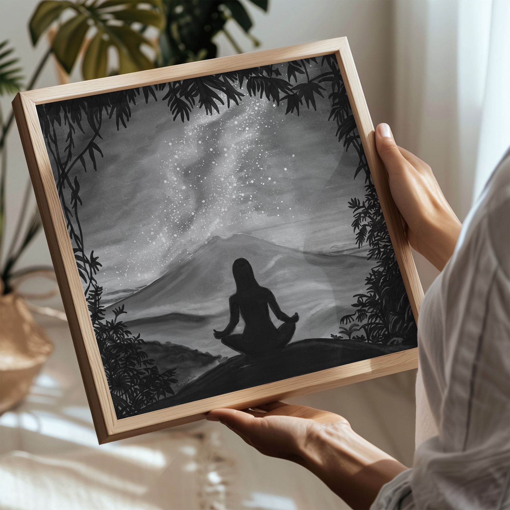Black and white meditation art print by illustrator This Wild Soul