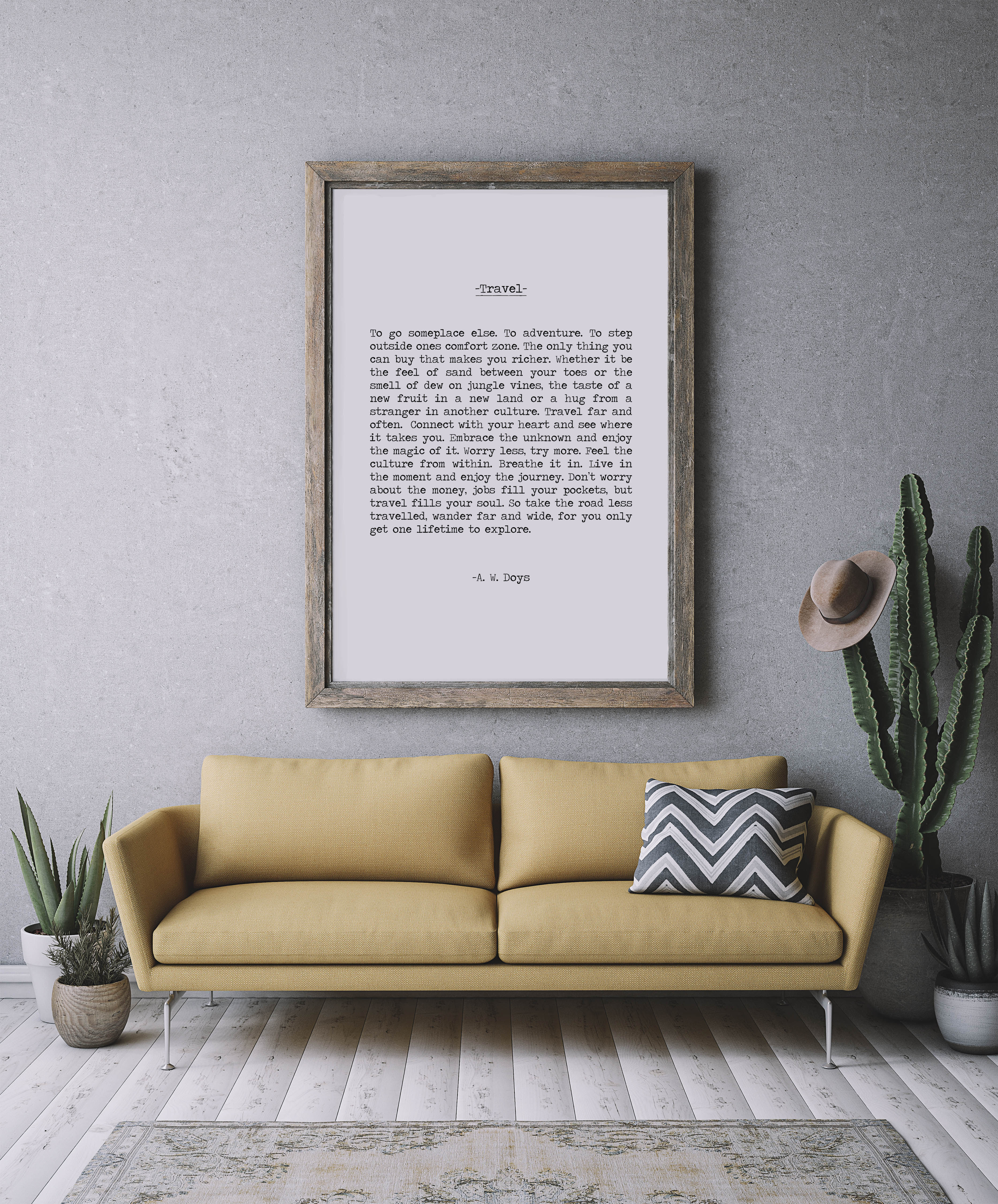 Inspiring "Travel" quote by "A. W. Doys" displayed on living room wall