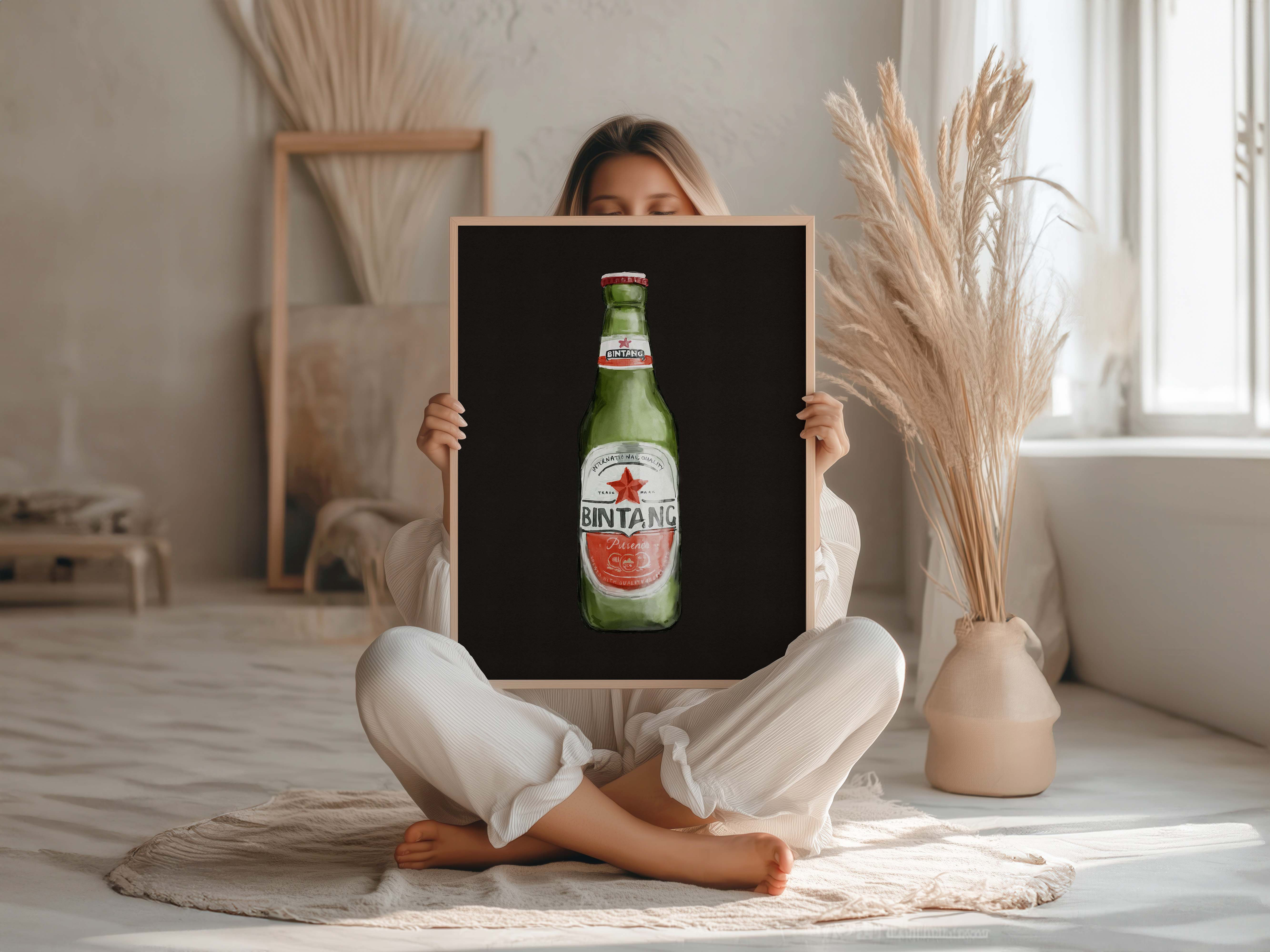 Minimalist Bali Bintang Beer Bottle Watercolour Art Print - Black background by This Wild Soul