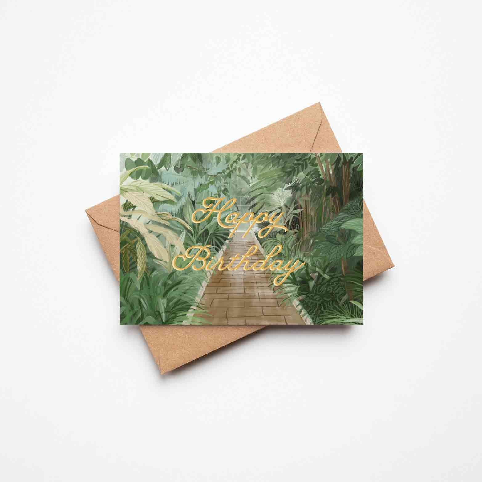 Kew Gardeners Happy Birthday Greeting Card Gardener Greenhouse Glasshouse design for plant mamas