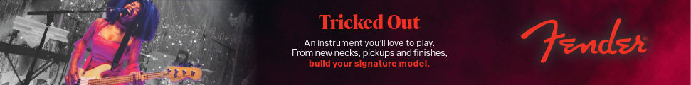 Tricked Out web banner depicting a woman in colour with a grayscale background that fades into red.