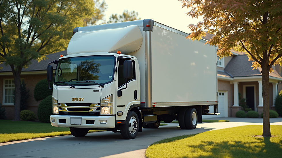 Close-up view of a moving truck parked in front of a house