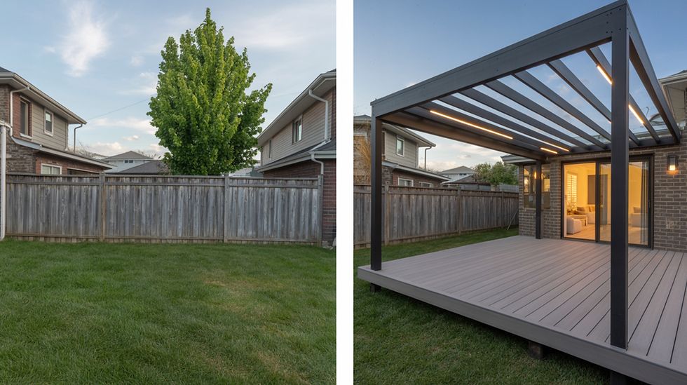 before and after of a backyard. Composite Decking
