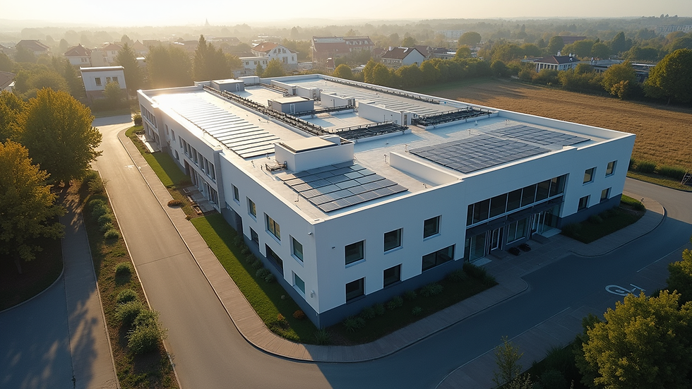 High angle view van een modern, duurzaam kantoorgebouw met zonnepanelen op het dak