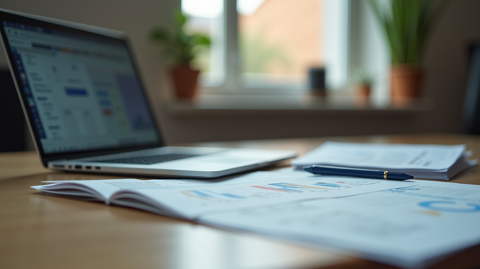 Eye-level view van een kantoorruimte met financiële documenten en een laptop