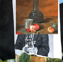 shows  a reality created of multiple layers one entangled with each other. a classical still life with a man who takes a photograph. multiple colors