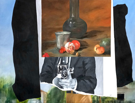 shows  a reality created of multiple layers one entangled with each other. a classical still life with a man who takes a photograph. multiple colors