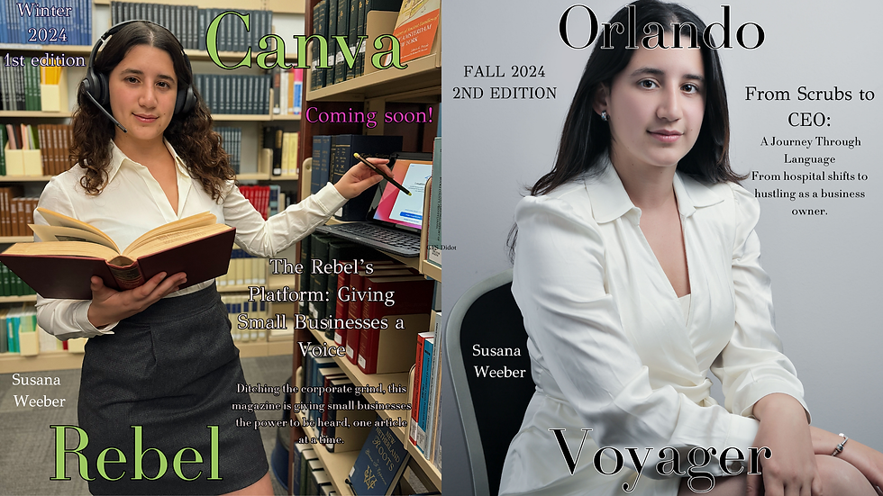 A split magazine cover featuring a woman representing CanvasRebel and Orlando Voyager, highlighting her journey from CNA to CEO.