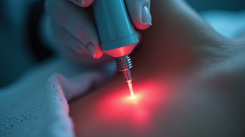 Close-up view of laser device head positioned near skin surface