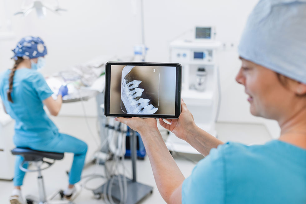 person holding a tablet with a picture of a dental x-ray from a dog